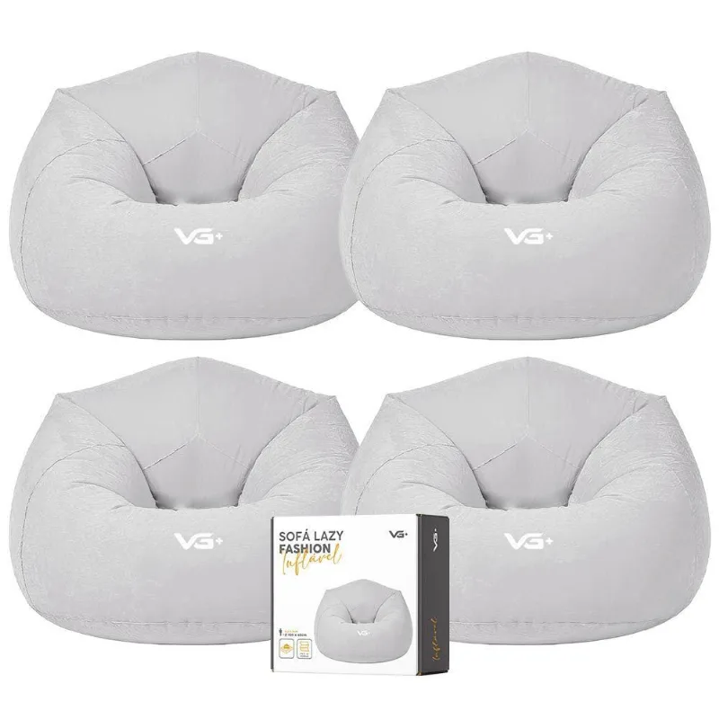Kit 4 Poltrona Inflável Puff Lazy Fashion Aveludado Assento Pufe Vg Plus Cinza