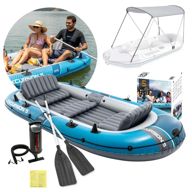 Bote Inflável Barco Excursion 5 Pessoas Azul Com Capota Remos E Bomba Intex
