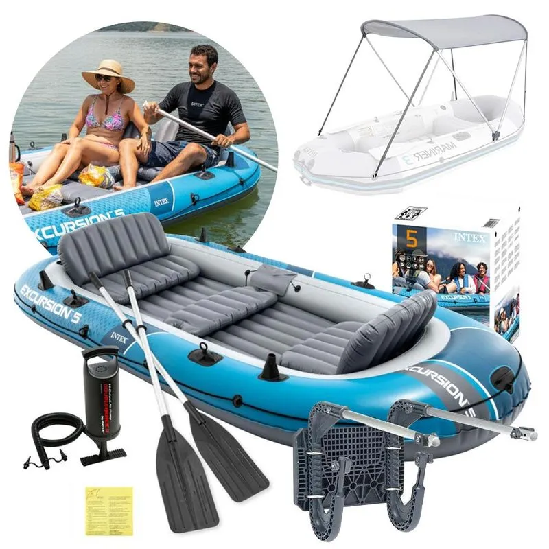 Bote Inflável Barco Excursion 5 Pessoas Azul Com Capota Suporte Motor Remos E Bomba Intex