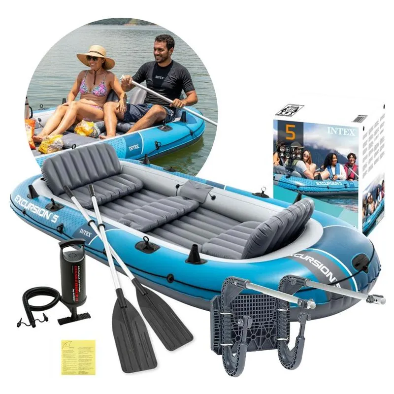 Bote Inflável Barco Excursion 5 Pessoas Azul Com Suporte Motor Remos E Bomba Intex