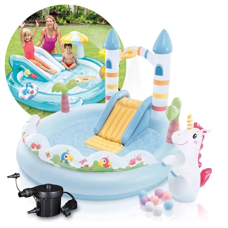Piscina Inflável Playground Infantil Castelo Unicórnio 234l Bomba Elétrica Intex