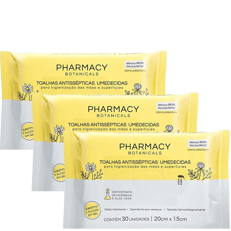 Kit 3 Tolhas Antissepticas Umedecidas Pharmacy Botanicals 30un
