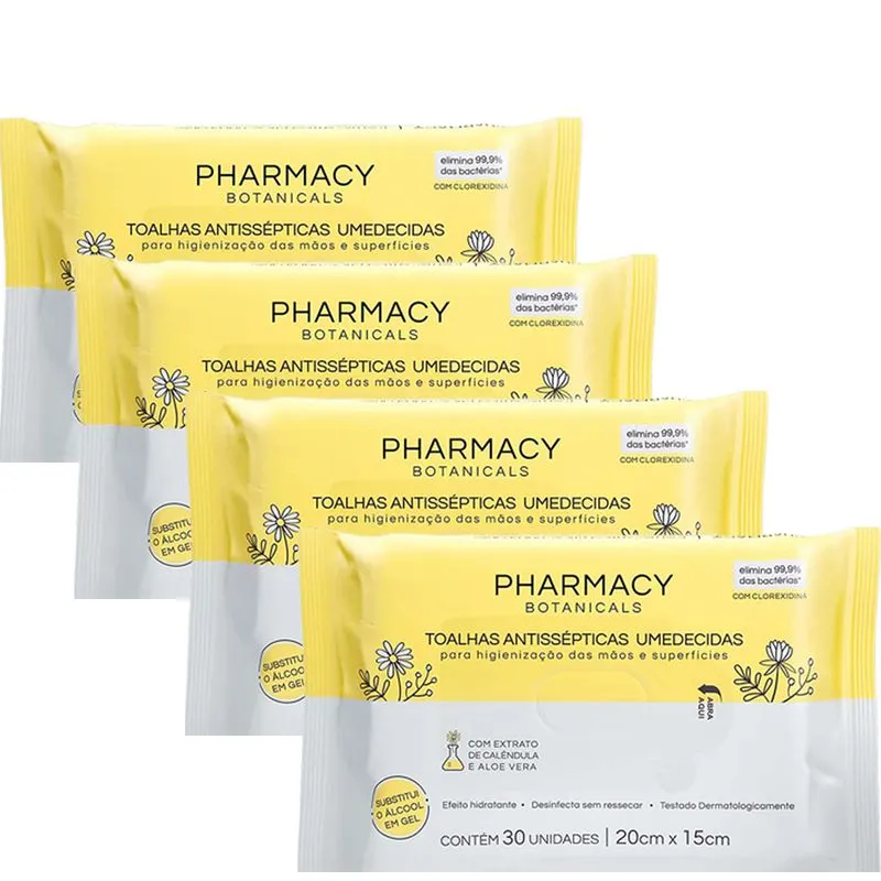 Kit 4 Tolhas Antissepticas Umedecidas Pharmacy Botanicals 30un