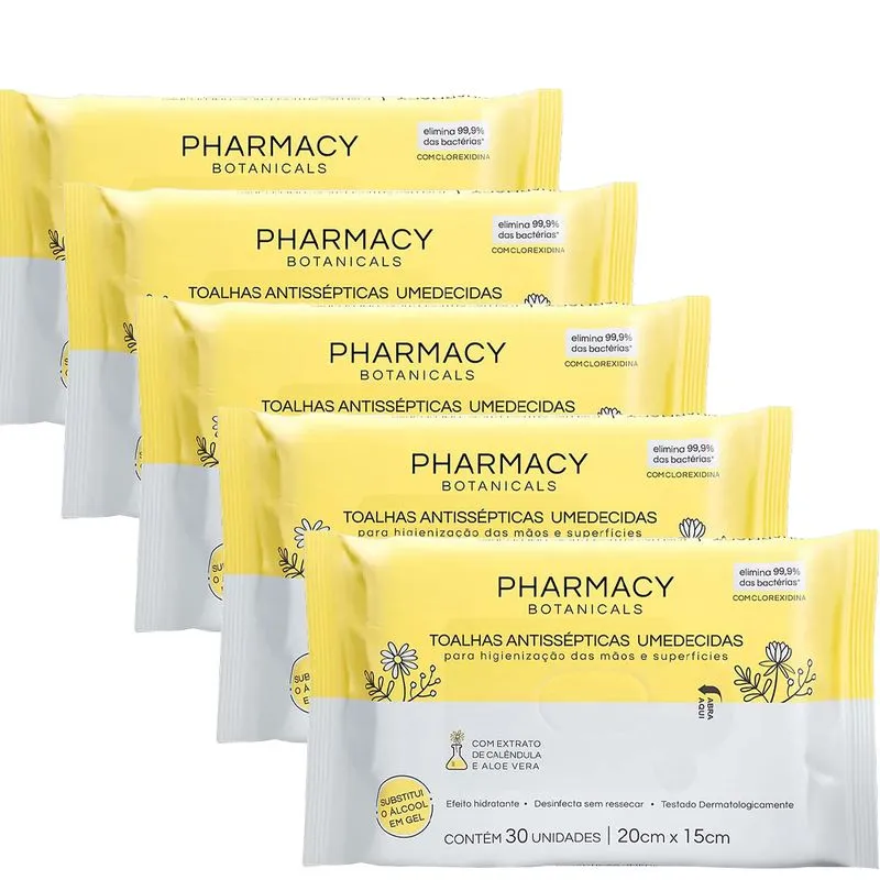 Kit 5 Tolhas Antissepticas Umedecidas Pharmacy Botanicals 30un