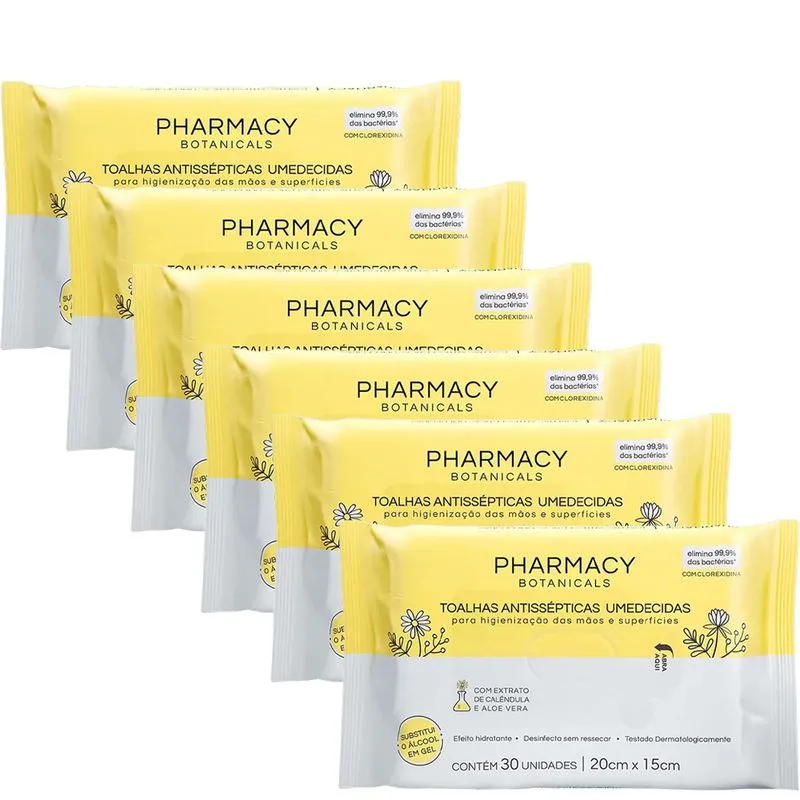 Kit 6 Tolhas Antissepticas Umedecidas Pharmacy Botanicals 30un