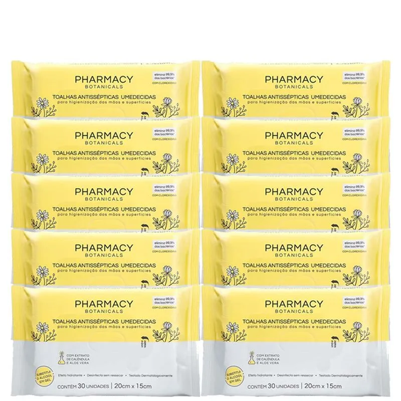 Kit 10 Tolhas Antissepticas Umedecidas Pharmacy Botanicals 30un