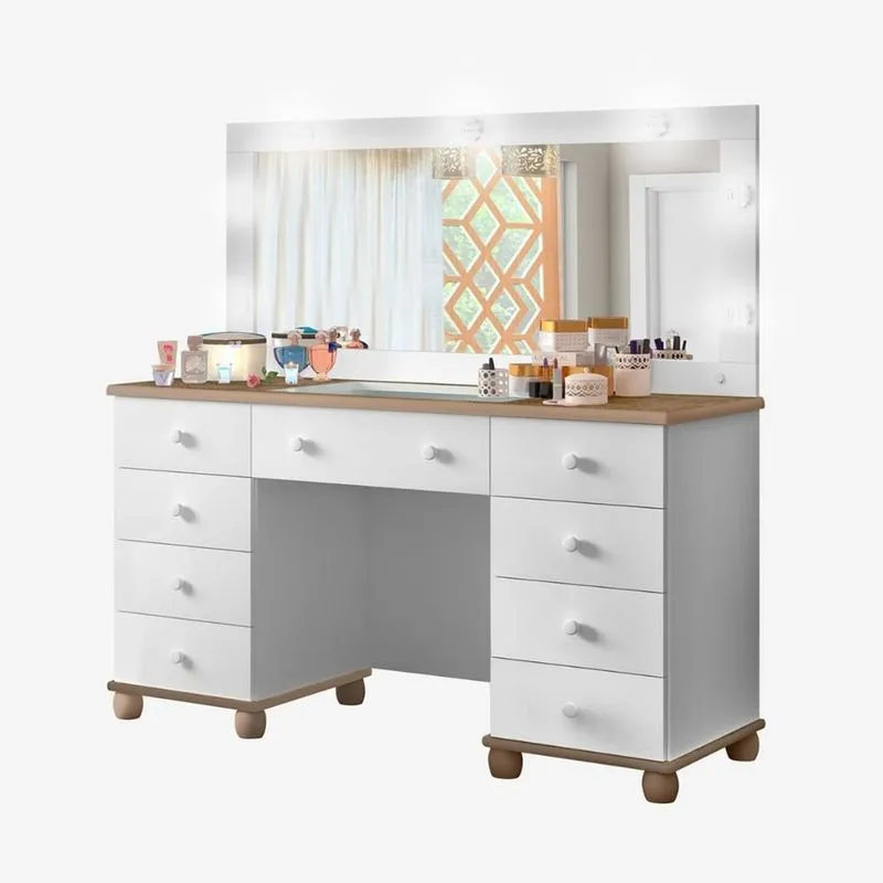 Penteadeira Camarim com LED e 9 Gavetas Branca Amêndoa Planet Baby