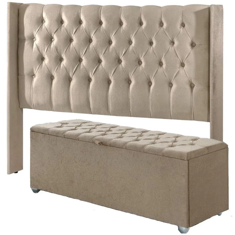 Conjunto Cabeceira Capitone Riviera 1,60 e Recamier Paiva 1,50 Bege