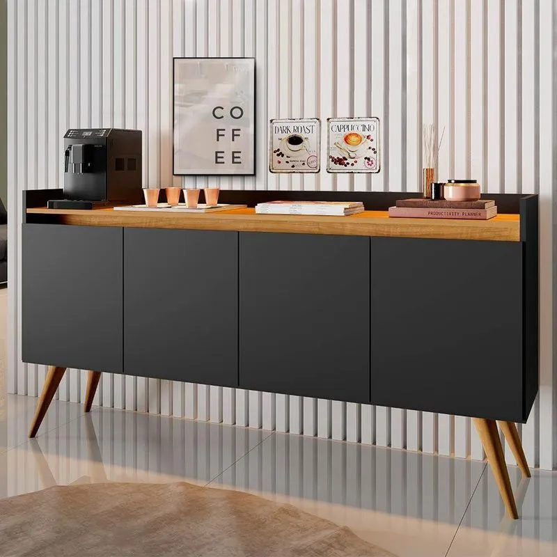 Aparador buffet gold retrô com 4 portas preto com mel primus