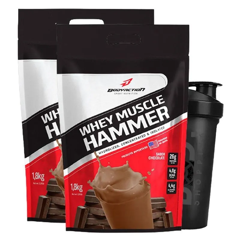 Kit 2 Whey Muscle Hammer 1.8Kg + Shaker Body Chocolate