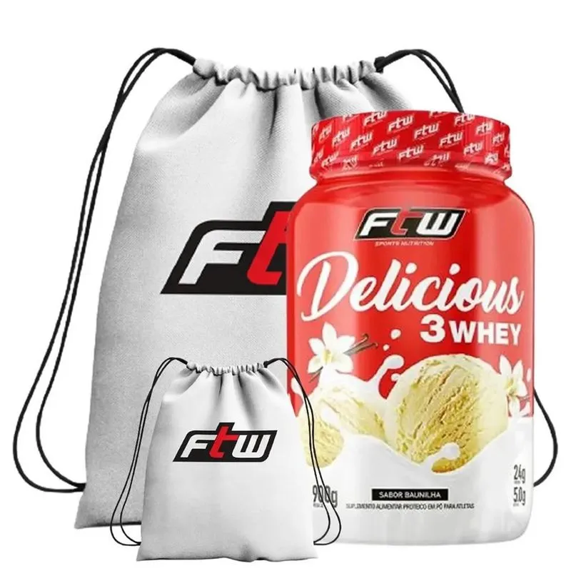 Delicious 3 whey 900G + mochila impermeavel esportiva branca (baunilha)