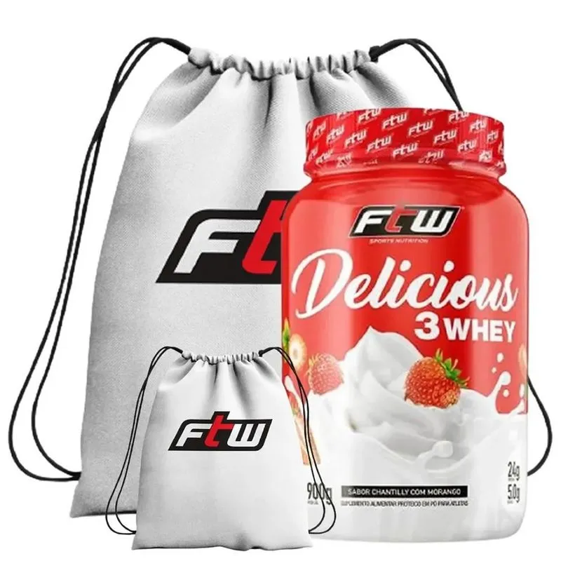 Delicious 3 whey 900G + mochila impermeavel esportiva branca (chantilly com morango)