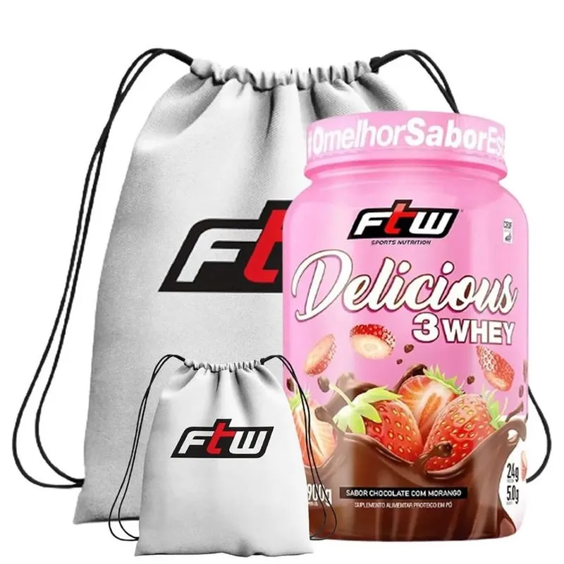 Delicious 3 whey 900G + mochila impermeavel esportiva branca (chocolate com morango)