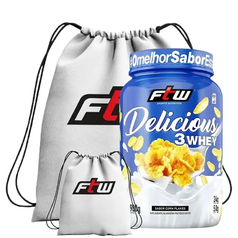Delicious 3 whey 900G + mochila impermeavel esportiva branca (corn flakes)