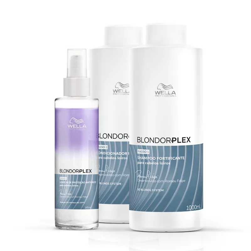 Kit Wella Blondorplex 3 Passo Salão - Shampoo 1L + Condicionador 1L + Leave In 145ml