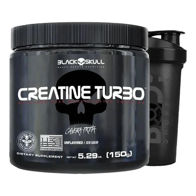 Creatina Turbo 150G + Coqueteleira Black Skull Sem Sabor