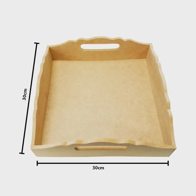 Bandeja Decorada Média com Alça de Madeira Crua mdf - Medida 30 x 30 x 7 cm