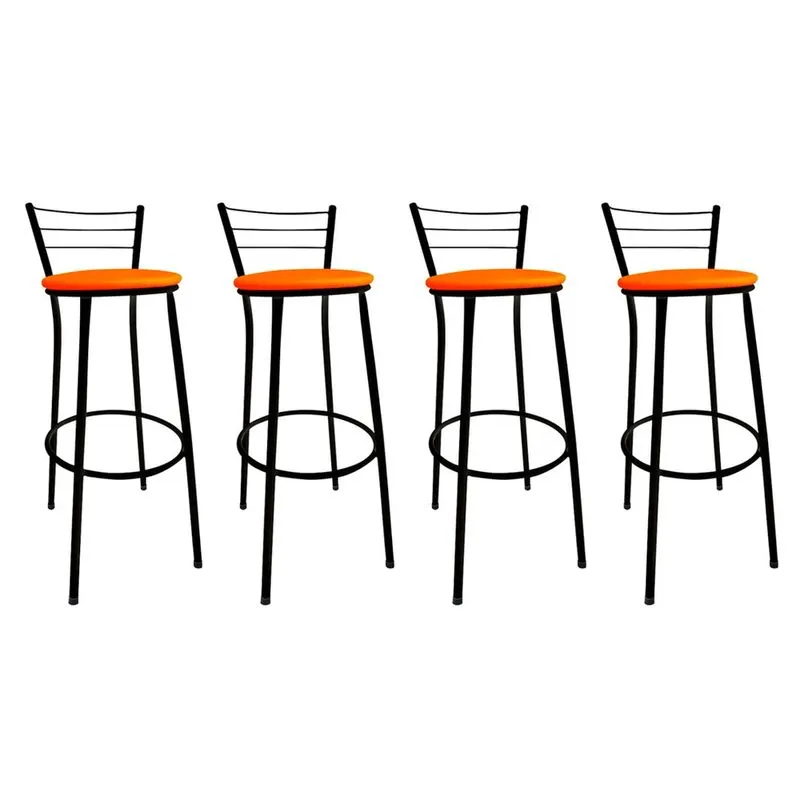 Kit 4 Banquetas Alta Cairo Preta Assento Laranja