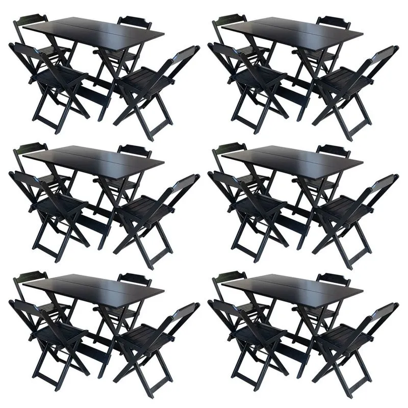Kit 6 Conjuntos de Mesa com 4 Cadeiras de Madeira Dobravel 120x70 Preto