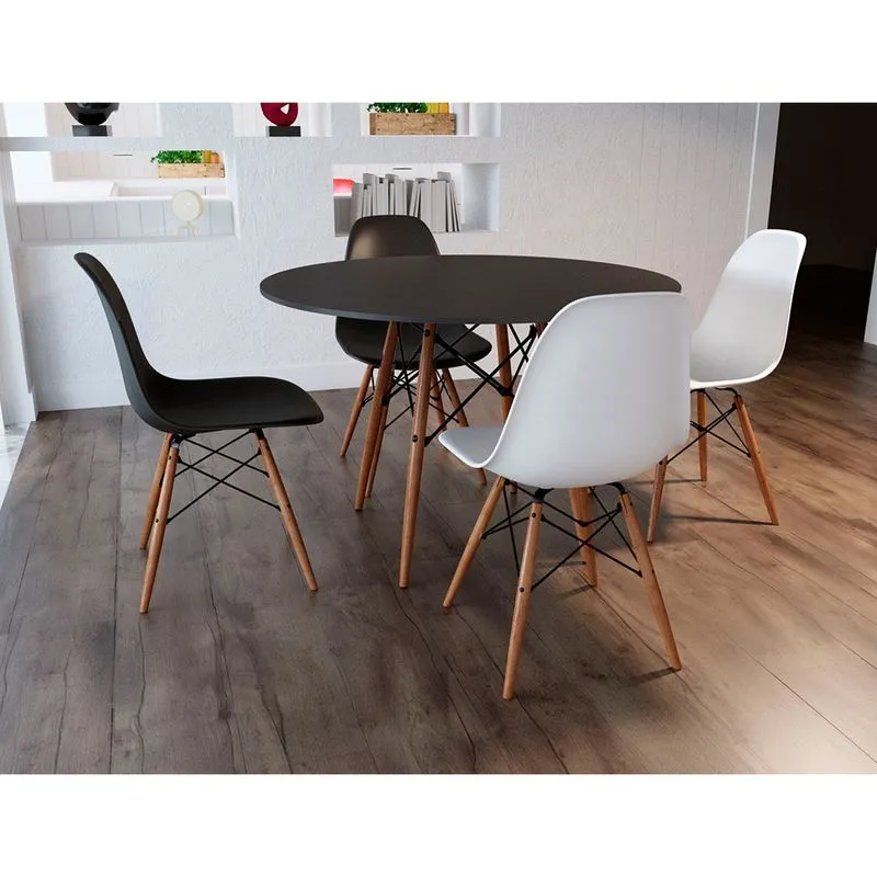 Jogo de Mesa 4 Cadeiras 2 Pretas e 2 Brancas Eames Dkr 110 Cm Base Madeira Tampo - Preto