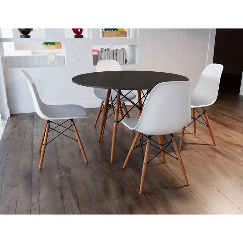 Conjunto de Mesa 4 Cadeiras Brancas Eames Dkr 90 Cm Base Madeira Tampo Preto