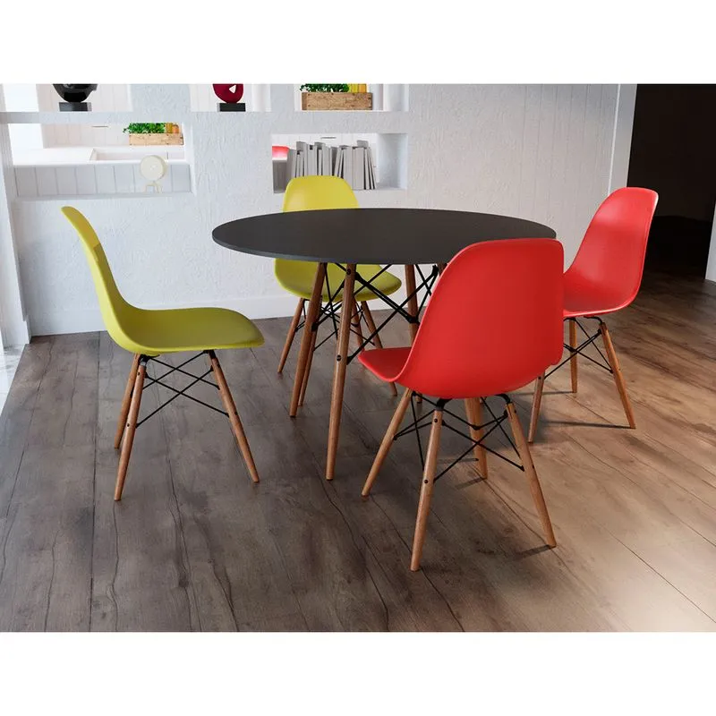 Conjunto de Mesa 4 Cadeiras 2 Amarelas e 2 Vermelhas Eames Dkr 90 Cm Base Madeira Tampo - Preto
