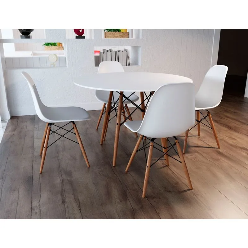 Conjunto de Mesa 4 Cadeiras Brancas Eames Dkr 90 Cm Base Madeira Tampo Branco