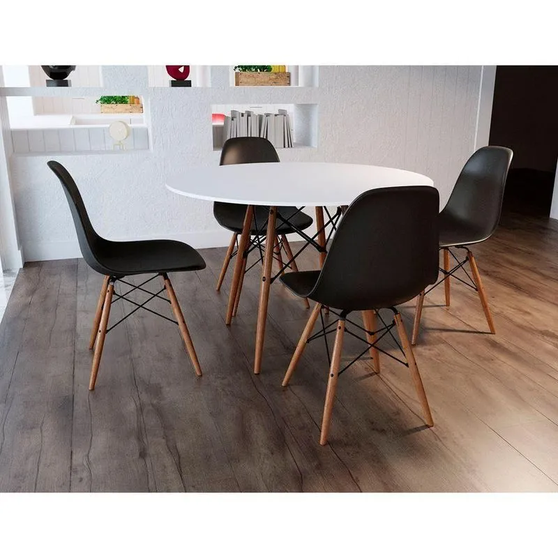 Conjunto De Mesa 4 Cadeiras Pretas Dkr 110 Cm Base Madeira Tampo Branco