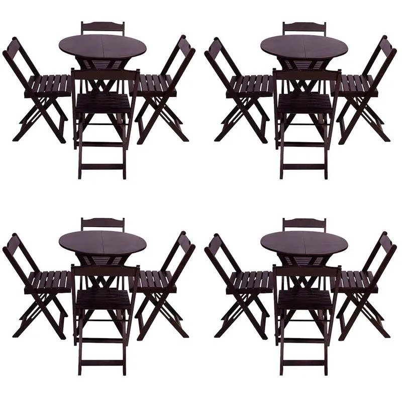 Kit 4 Jogos de Mesa Dobravel com 4 Cadeiras Tampo Redondo 70x70 Tabaco