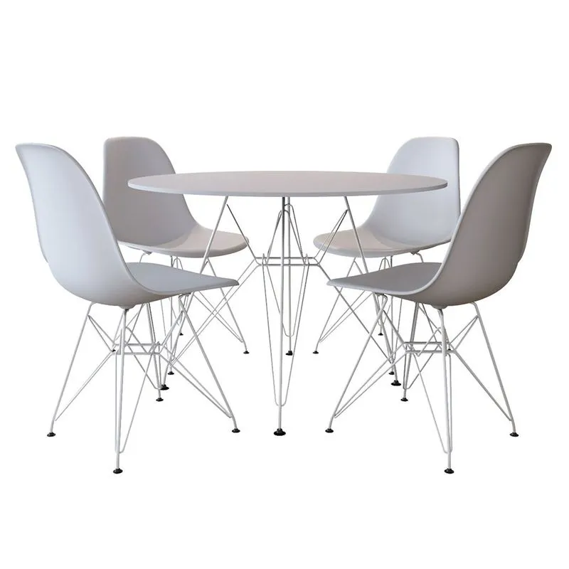 Conjunto Jantar Eames de Ferro Branco Tampo Redondo Branco 90cm 4 Cadeiras Brancas