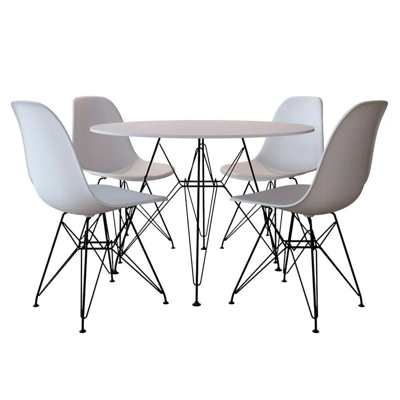 Conjunto Jantar Eames de Ferro Preto Tampo Redondo 90cm Branco 4 Cadeiras Brancas
