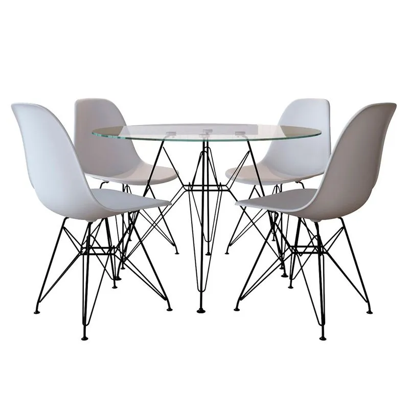 Conjunto Jantar Eames de Ferro Preto Tampo Redondo 90cm Vidro 4 Cadeiras Brancas