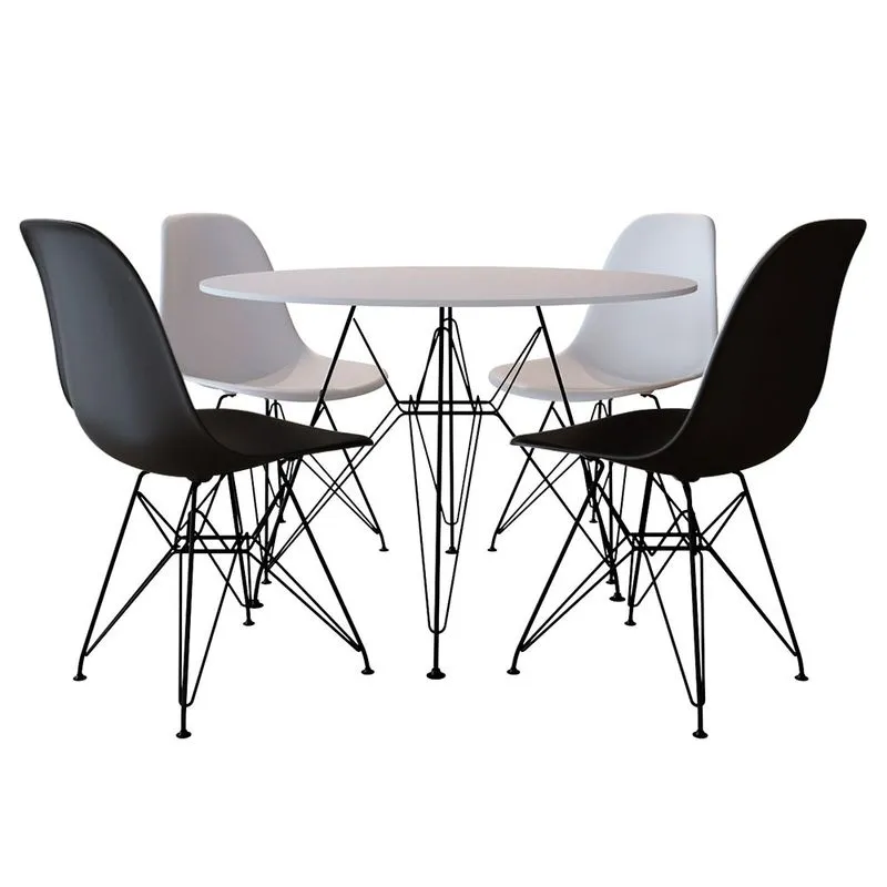 Conjunto Jantar Eames de Ferro Preto Tampo Redondo 90cm Branco 2 Cadeiras Brancas, 2 Cadeiras Preta