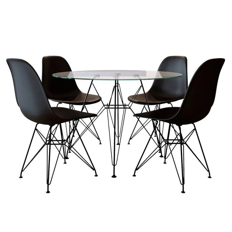 Mesa Jantar Eames De Ferro Preto Tampo Redondo Vidro 110cm 4 Cadeiras Preta