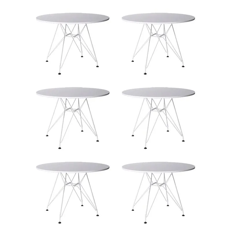 Kit 6 Mesas Eames Ferro Branco Tampo Redondo Vidro 90cm