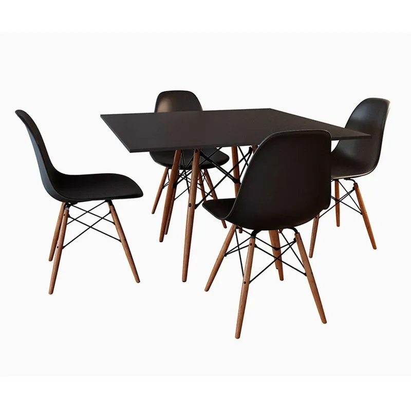 Conjunto Jantar Eames Tampo Quadrado Preto 90cm 4 Cadeiras Pretas