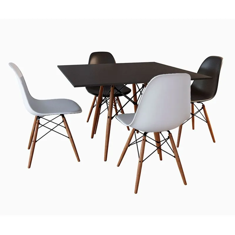 Conjunto Jantar Eames Tampo Quadrado Preto 90cm - 4 Cadeiras: 2 Brancas, 2 Pretas