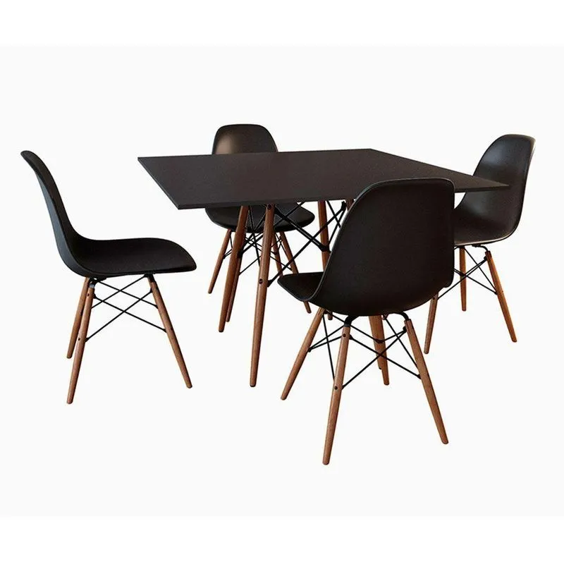 Jogo De Mesa Tampo Quadrado Preto 90Cm 4 Cadeiras Pretas