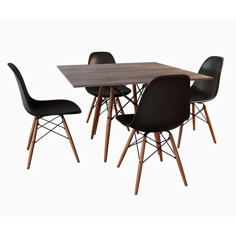 Jogo de Mesa Eames Tampo Quadrado Amadeirado 90cm 4 Cadeiras Pretas