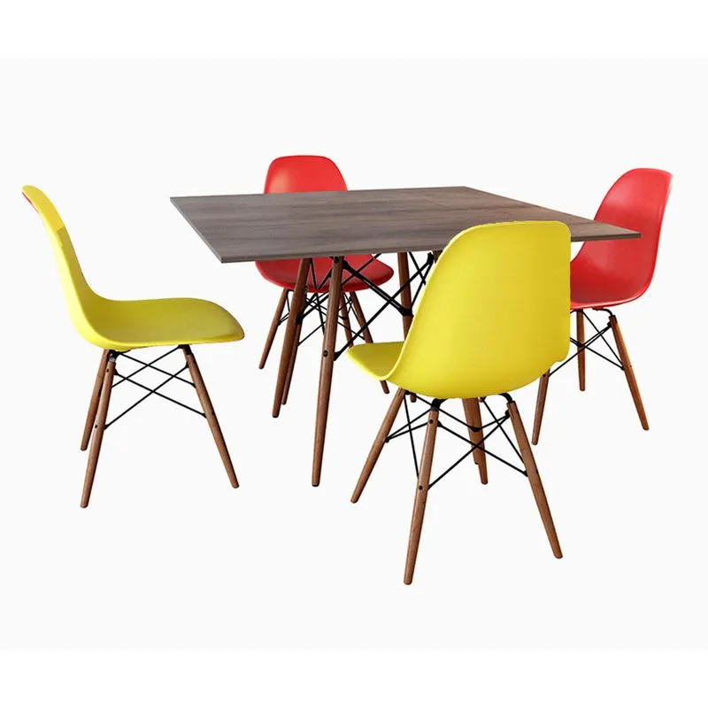 Conjunto Jantar Eames Tampo Quadrado Amadeirado 90cm - 4 Cadeiras: 2 Vermelhas, 2 Amarelas