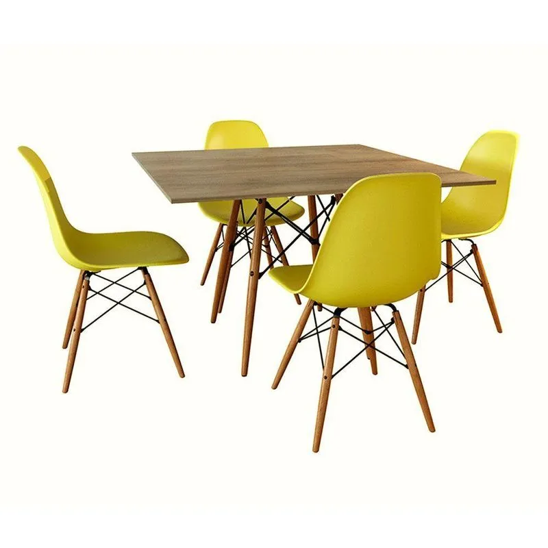 Conjunto Jantar Tampo Quadrado Amadeirado 90cm 4 Cadeiras Amarelas