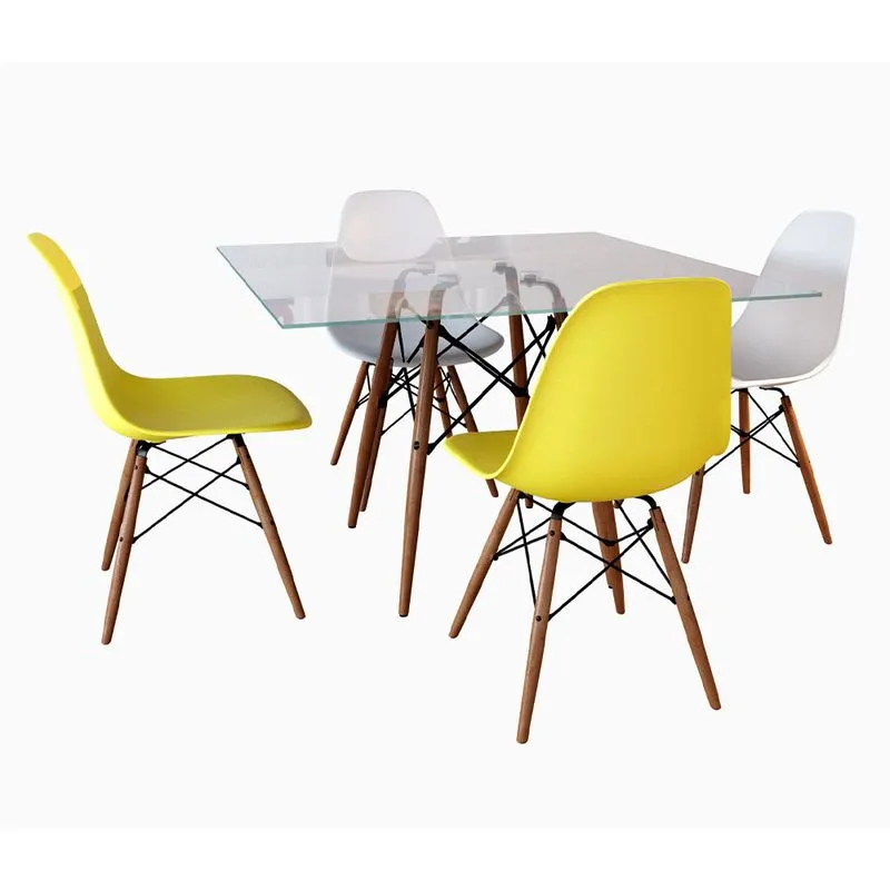 Conjunto Jantar Eames Tampo Quadrado Vidro 90cm - 4 Cadeiras: 2 Brancas, 2 Amarelas