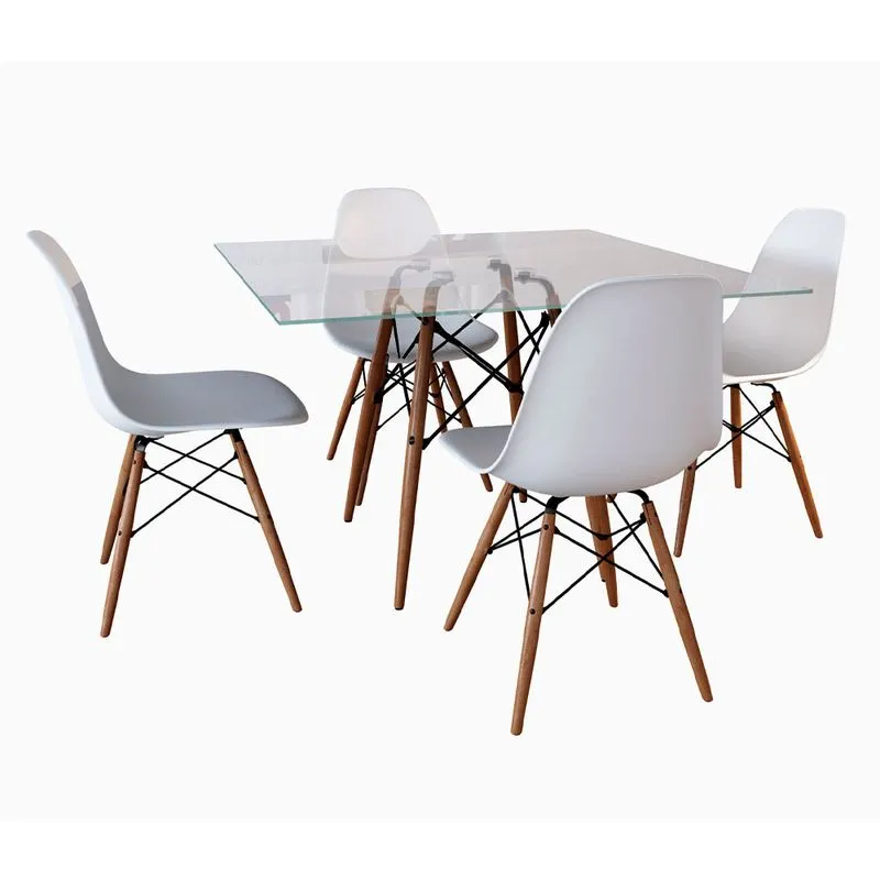 Jogo de Mesa Eames Tampo Quadrado Vidro 90cm - 4 Cadeiras Brancas