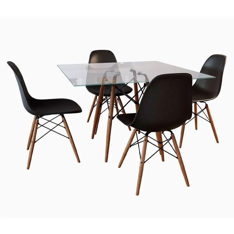 Jogo De Mesa Tampo Quadrado Vidro 90Cm 4 Cadeiras Pretas