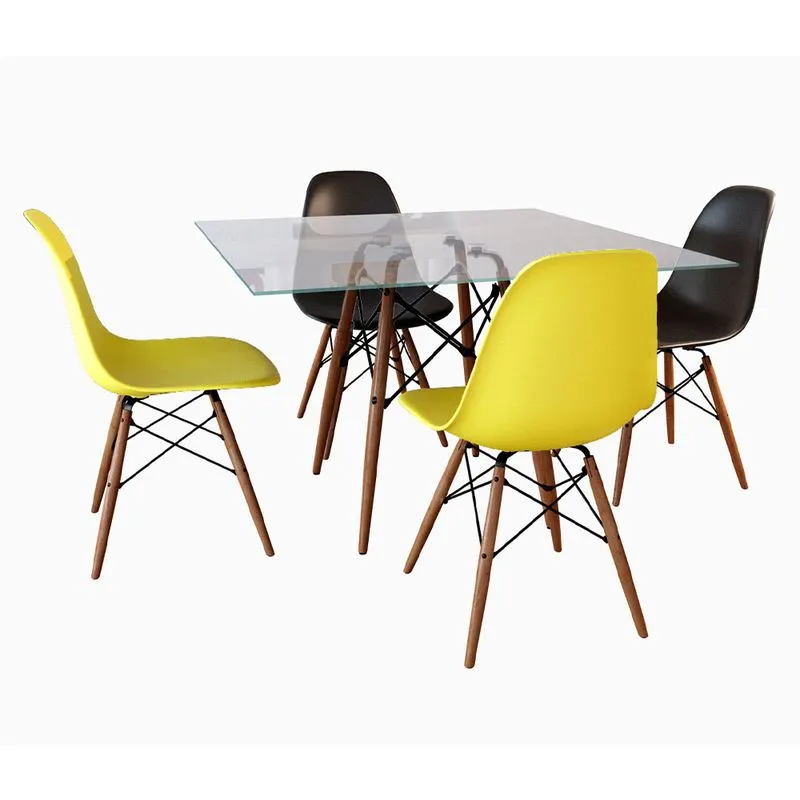 Jogo de Mesa Eames Tampo Quadrado Vidro 90cm - 4 Cadeiras: 2 Pretas, 2 Amarelas