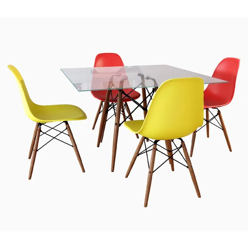 Conjunto Jantar Eames Tampo Quadrado Vidro 90cm - 4 Cadeiras: 2 Vermelhas, 2 Amarelas