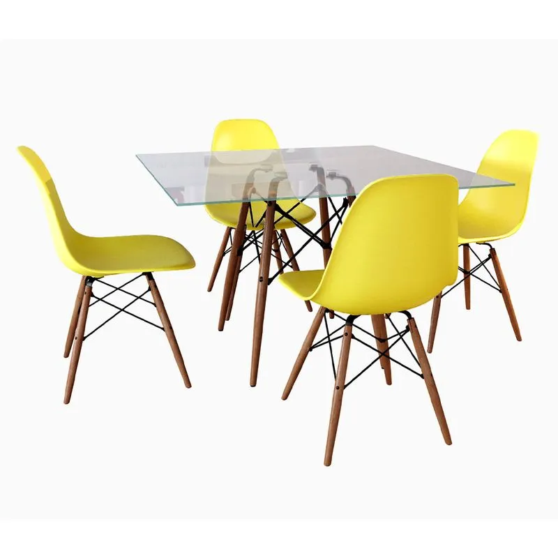 Conjunto Jantar Eames Tampo Quadrado Vidro 90cm 4 Cadeiras Amarelas