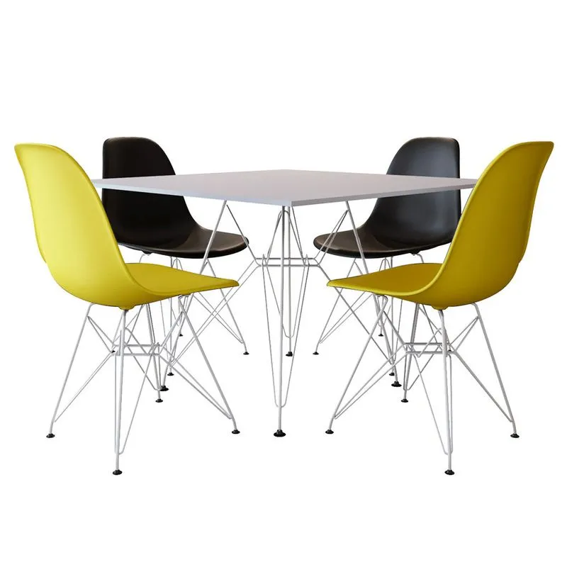 Jogo de Mesa Eames de Ferro Branco e Tampo Quadrado Branco 90cm - 4 Cadeiras: 2 Pretas, 2 Amarelas