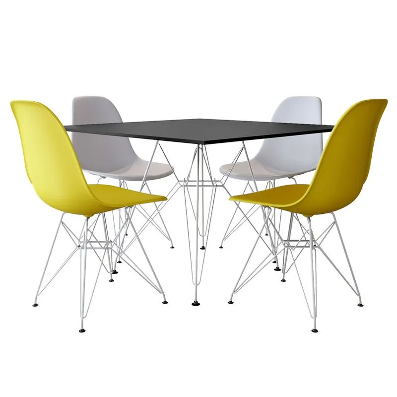 Conjunto Jantar Eames de Ferro Branco e Tampo Quadrado Preto 90cm - 4 Cadeiras: 2 Brancas, 2 Amarel
