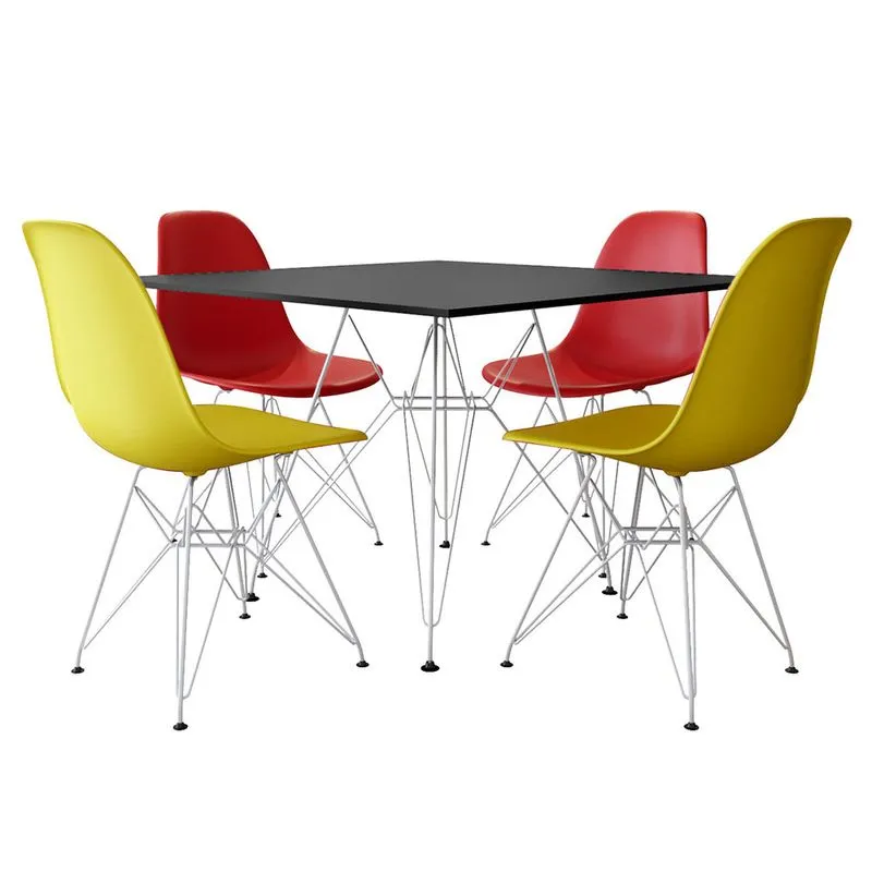 Jogo de Mesa Eames de Ferro Branco e Tampo Quadrado Preto 90cm - 4 Cadeiras: 2 Vermelhas, 2 Amarela